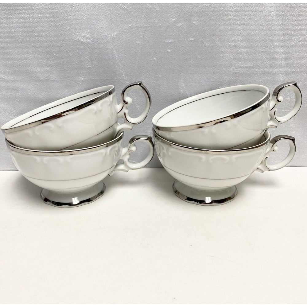4 Vintage Fine China Harmony House Silver Sonata Tea Cups Mug 3639 Cups Only